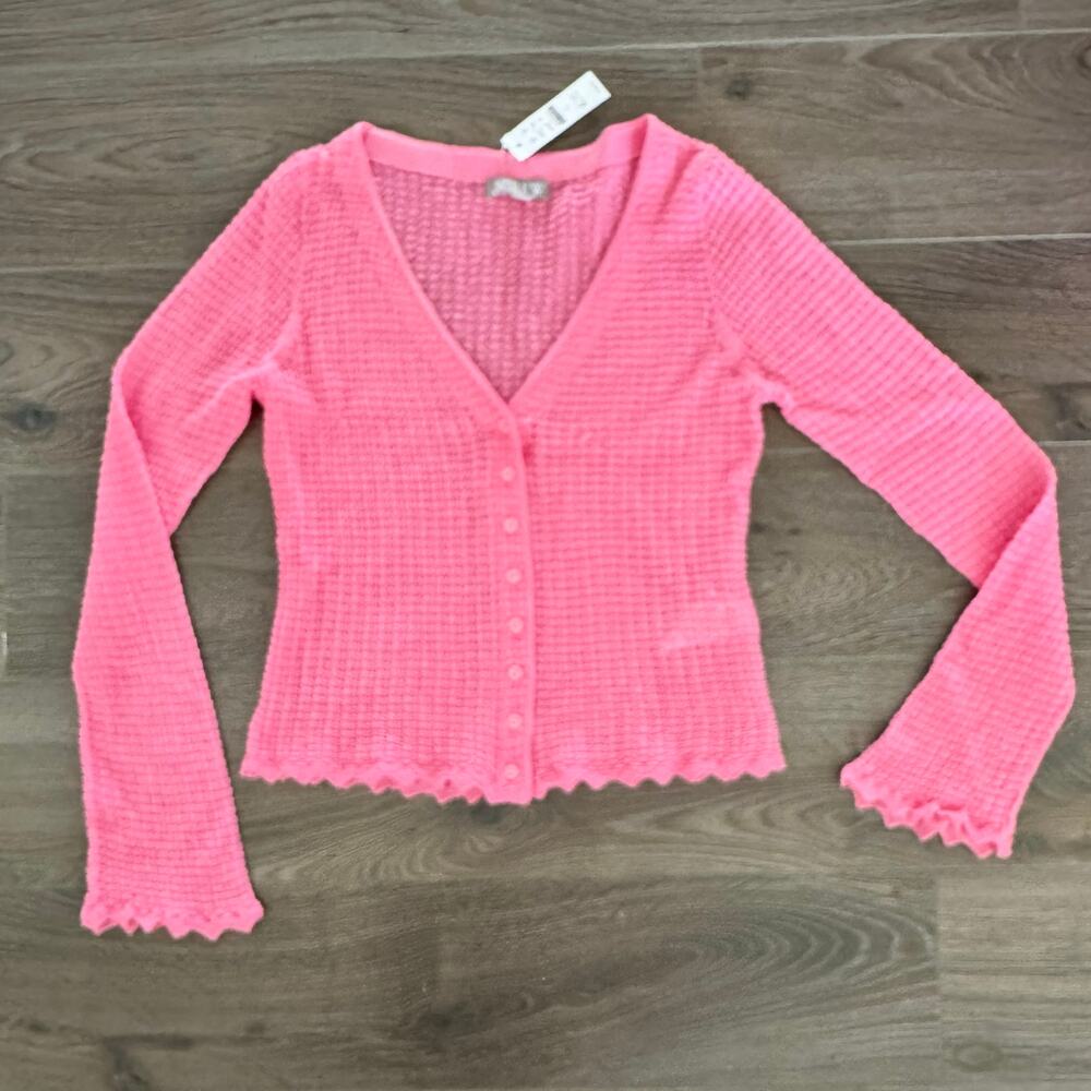JCrew Scallop-trim Cardigan Top Shrug Flirty Open Weave Pink Spring Small NEW